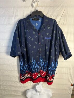 Men's Navy Short-Sleeve Button-Down Shirt with Blue Flames & Red Dice